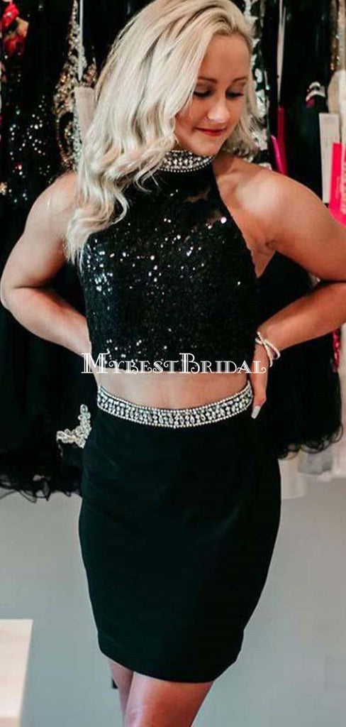 Two Piece Sheath Black Satin Homecoming Dress with Beading,Short Prom Dresses,BDY0362
