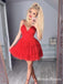 A-line V-neck Spaghetti Strap Red Lace Short Cheap Homecoming Dresses, HDS0030