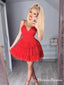 A-line V-neck Spaghetti Strap Red Lace Short Cheap Homecoming Dresses, HDS0030