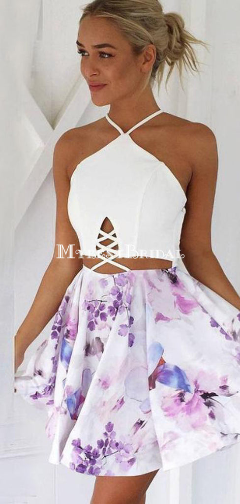 Sexy A-Line V-Neck Lace-up Short Floral Short Homecoming Dresses ,BDY0272