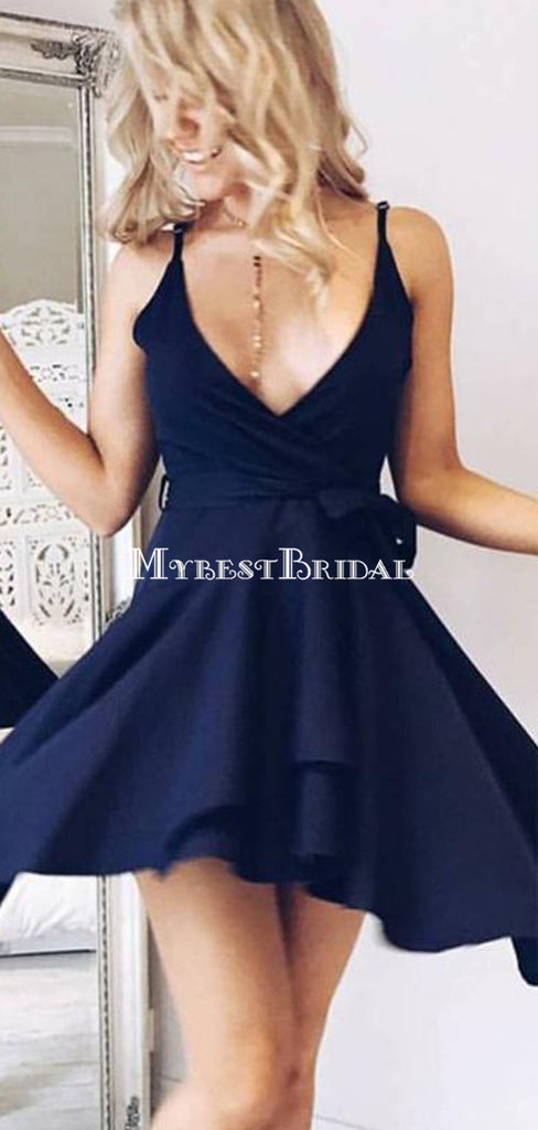A-Line V-Neck Navy Blue Homecoming Dress with Sash ,Short Prom Dresses,BDY0346