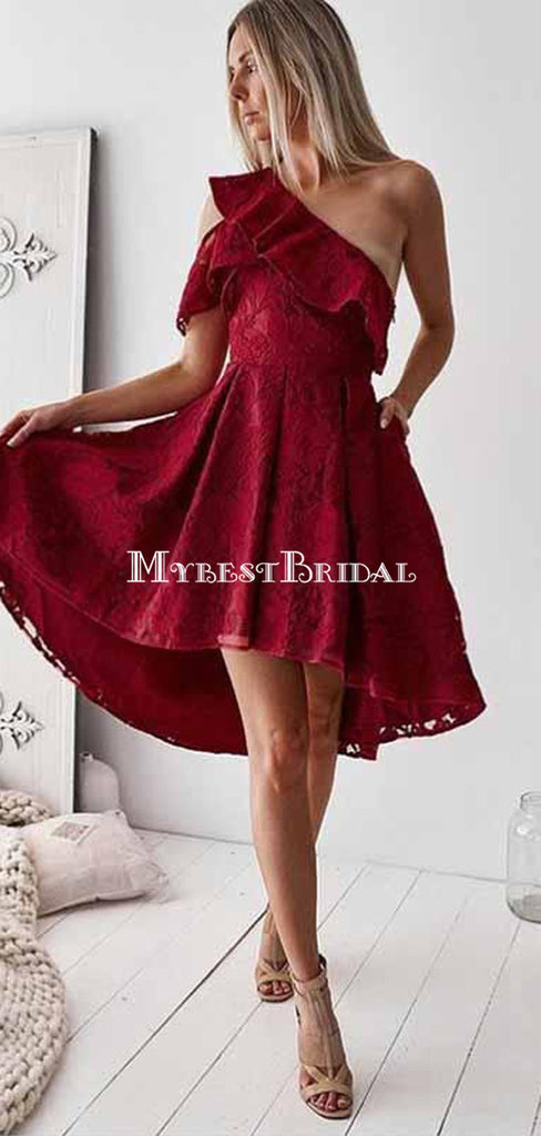 A-Line One Shoulder Hi-lo Red Lace Homecoming Dress ,Short Prom Dresses,BDY0348