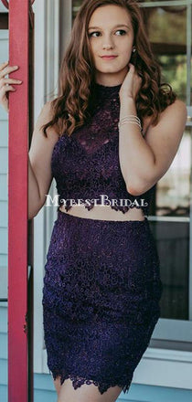 Two Piece Purple Lace Beaded Tight Homecoming Dress,Short Prom Dresses,BDY0340