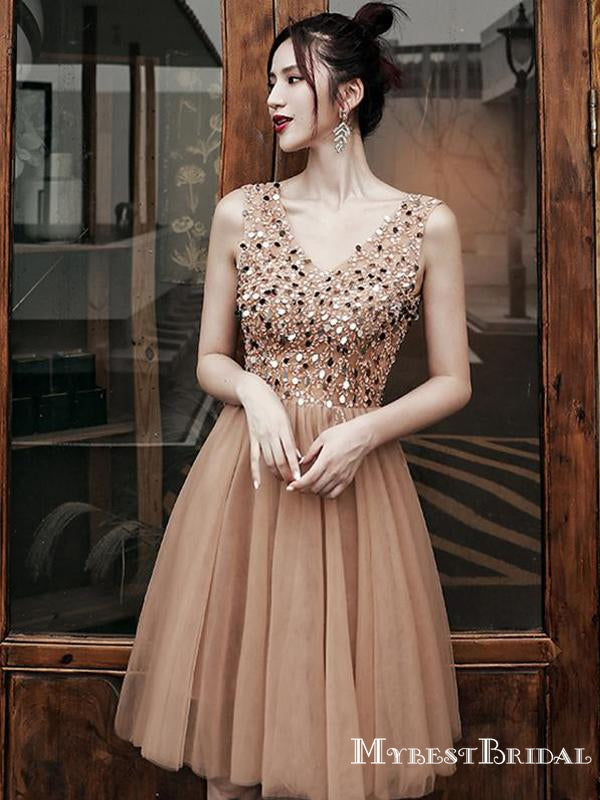 Elegant V-neck Brown Tulle Beaded A-line Short Cheap Homecoming Dresses, HDS0011