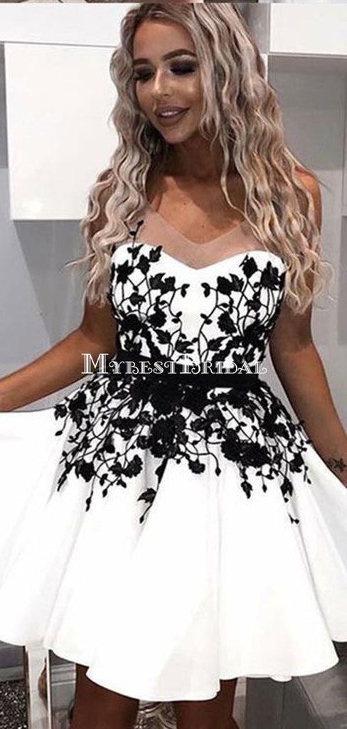 A-Line Scoop Homecoming Dress With Black Applique,Short Prom Dresses,BDY0356