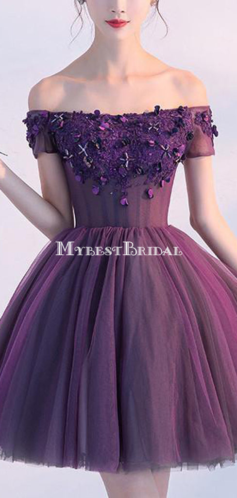 A-line Off-the -Shoulder Purple Tulle Homecoming Dress ,Short Prom Dresses,BDY0355