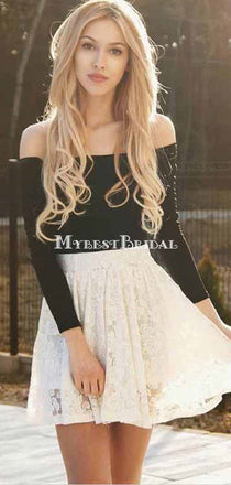 Two Piece Ivory Lace Long Sleeves Homecoming Dress ,Short Prom Dresses,BDY0350