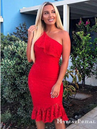 Red One Shoulder Lace Mermaid Short Cheap Homecoming Dresses, HDS0027