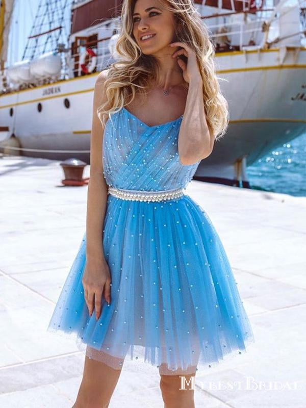 New Arrival V-neck Blue Tulle Beaded A-line Short Cheap Homecoming Dresses, HDS0009