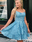 Popular Spaghetti Straps Blue Lace A-line Short Cheap Homecoming Dresses, HDS0008