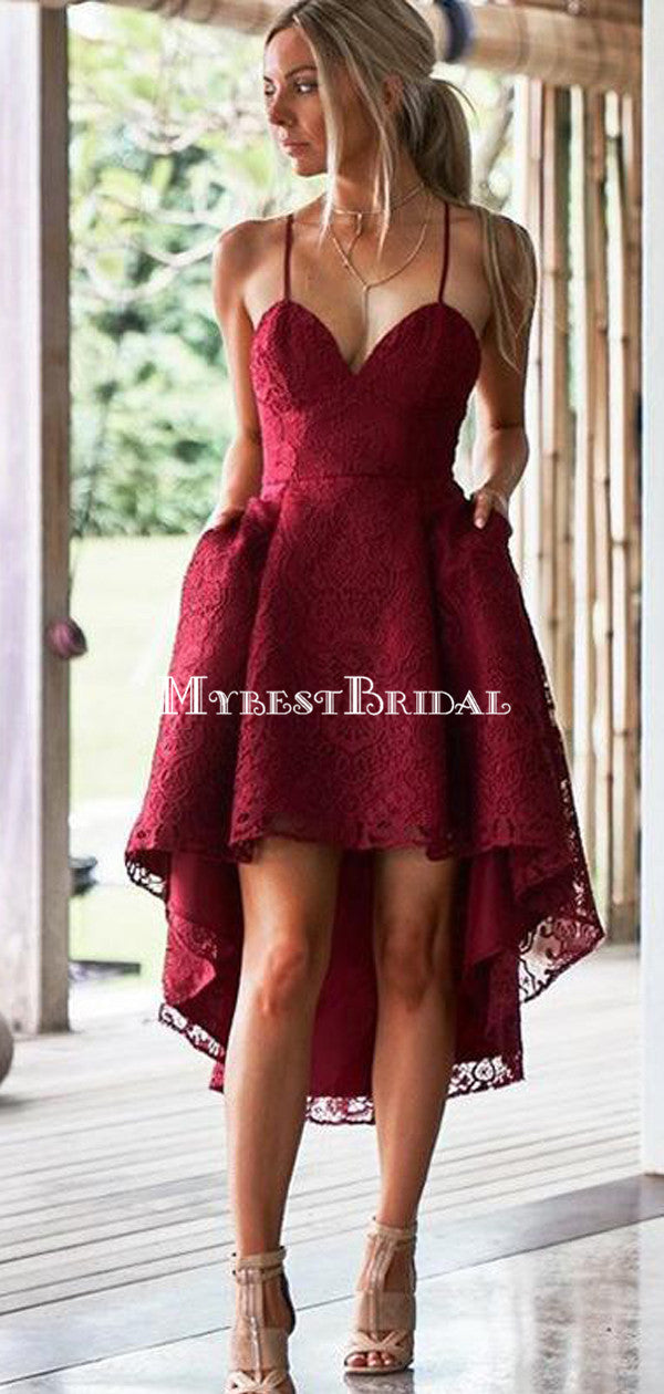 red homecoming dresses with pockets A-line V Neck Sleeveless Red Satin Short Mini Homecoming Dress, Pockets