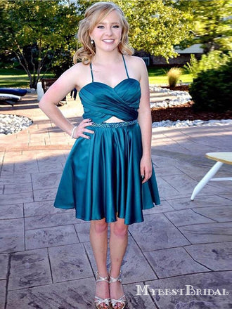 Simple Halter-Strap Teal Satin Short Cheap Homecoming Dresses, HDS0016