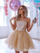 Popular Strapless Champagne Tulle Beaded A-line Short Cheap Homecoming Dresses, HDS0013