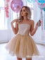 Popular Strapless Champagne Tulle Beaded A-line Short Cheap Homecoming Dresses, HDS0013