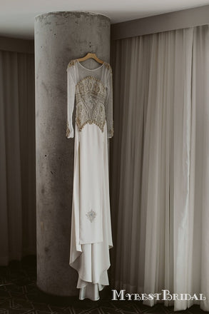 Long Sleeves Round Neck Ivory Side Slit Lace Appliqued Mermaid Long Cheap Wedding Dresses, WDS0003