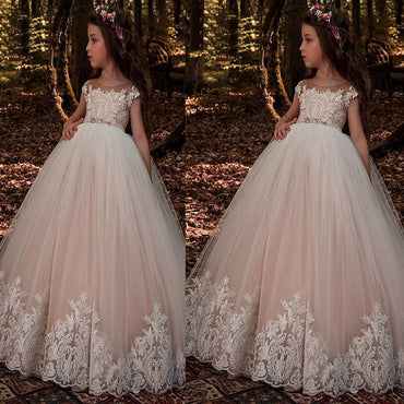 Modest Tulle Scoop Pink Older Flower Girl Dresses With Lace Appliques & Beadings ,FGY0157