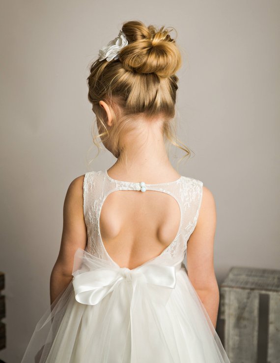Tulle Open Back Beaded Lace White Flower Girl Dresses ,Cheap Flower Girl Dresses ,FGY0162