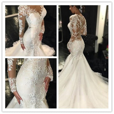 Trumpet Appliques Mermaid Wedding Dress with Long Sleeve Wedding Party Dresses,  Bridal Gown, WDY0155