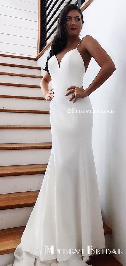 Simple Spaghetti Strap White Chiffon Mermiad Long Cheap Formal Evening Prom Dresses With Bow, PDS0040