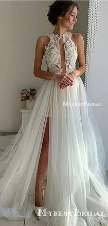 Newest Appliques Halter Sleeveless Lace Ivory Tulle A-line Long Wedding Dresses, PDS0042