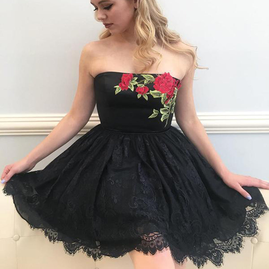 Cute Black Sleeveless Short A-line Homecoming Dress With Lace Applique,BDY0160