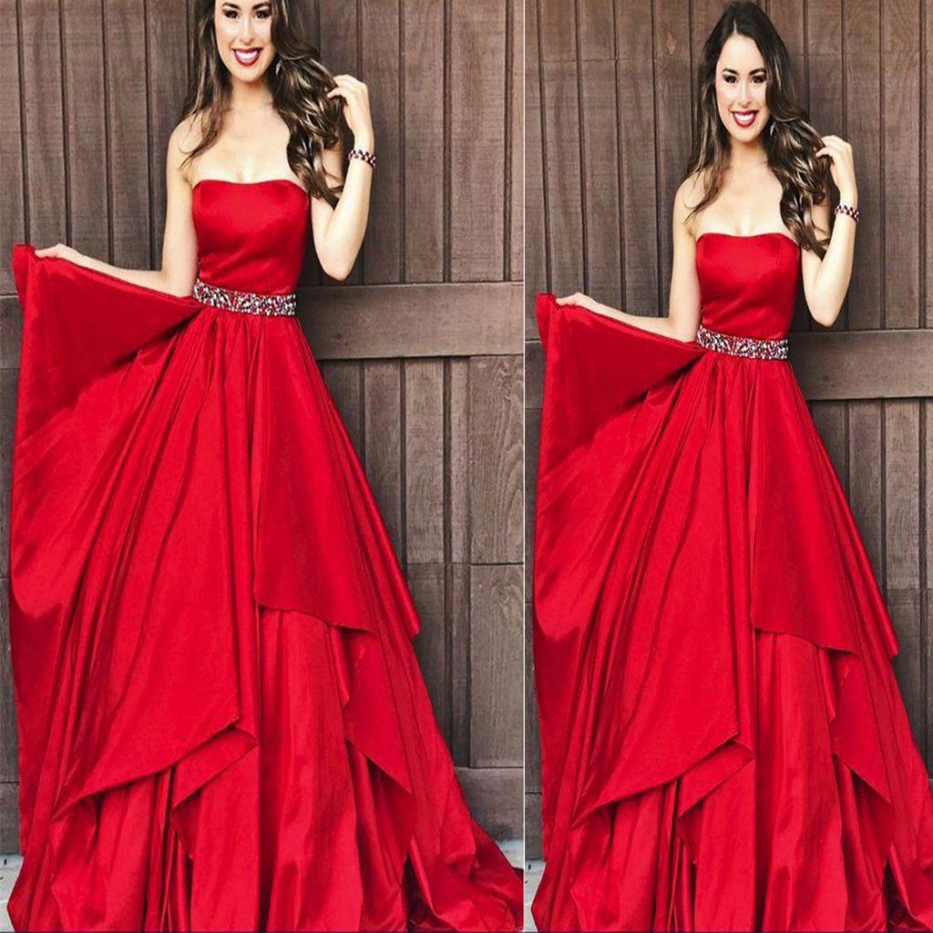 A-line Strapless Satin Beading Red  Layered Long Elegant Prom Dresses, Fashion Gown. PDY0184