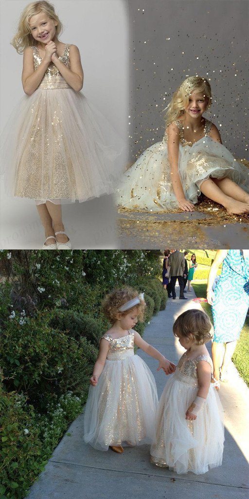 Cheap Gold Sequins Tulle Spaghetti Straps Little Girl Dresses ,Flower Girl Dresses ,FGY0179