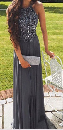 Hot Selling A-Line Prom Dress,Halter Gray Backless Prom Gown,Long Beading Prom Dress,Gray Evening Dress , PDY0180