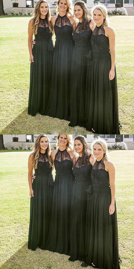 Cheap High Neck Black A-line Lace Floor-Length Long Bridesmaid Dresses,Wedding Party Gowns,WGY0213