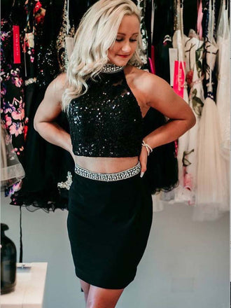 Two Piece Sheath Black Satin Homecoming Dress with Beading,Short Prom Dresses,BDY0362