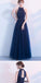 Drak Blue Tulle High Neck Long Prom Dress/Brideamaid Dress With Beadings.PDY0249