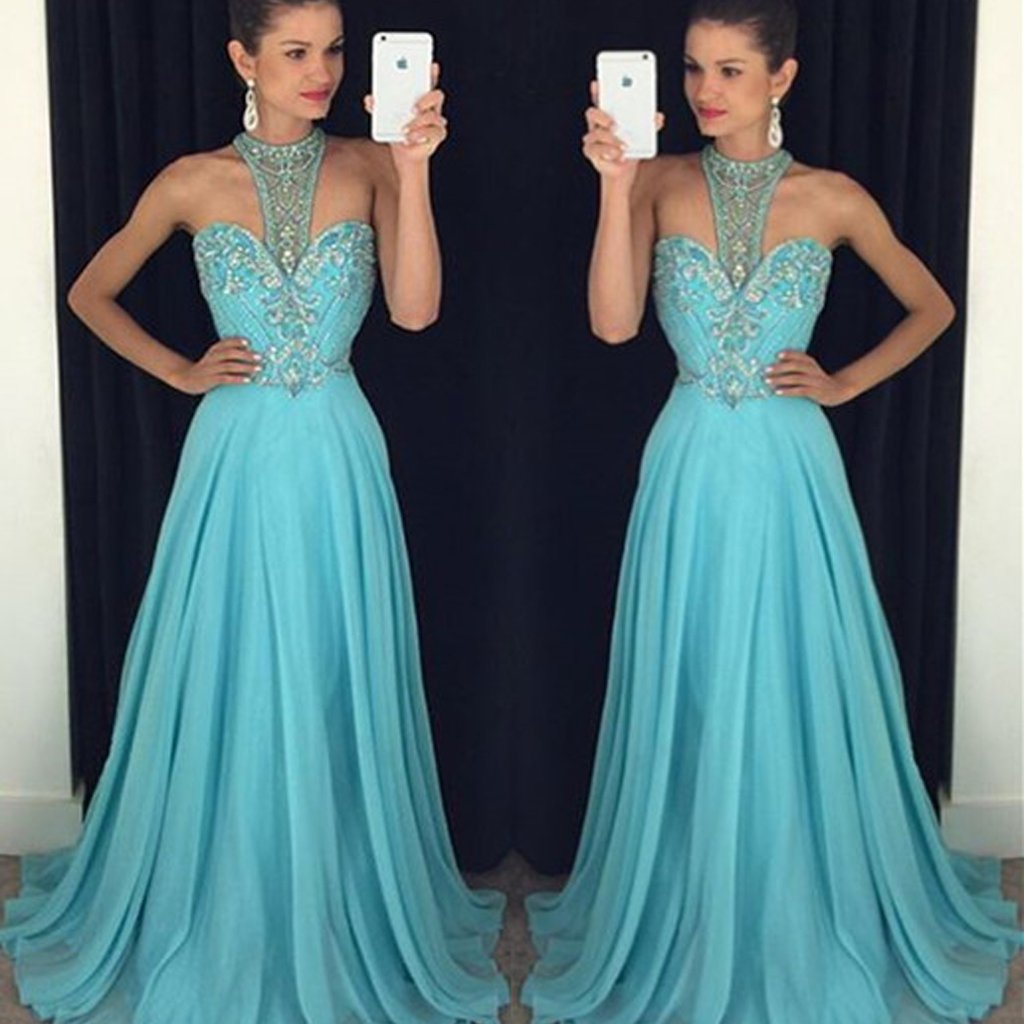 Blue High Collar Beading Long Fashion Prom Dress, Cocktail Evening Gown, Wedding Party Gowns, PDY0298