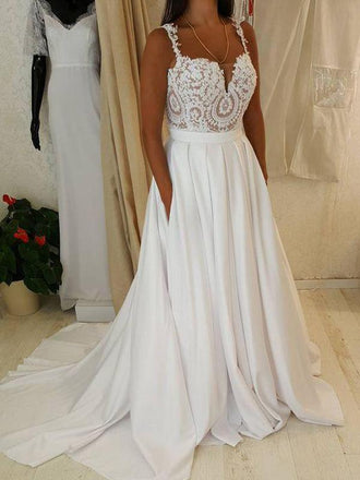 Two Straps Sweetheart Lace A-line Cheap Wedding Dresses Online, WDY0203