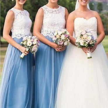 Illusion Lace Blue Tulle Skirt Long Cheap Bridesmaid Dresses Online, WGY0233
