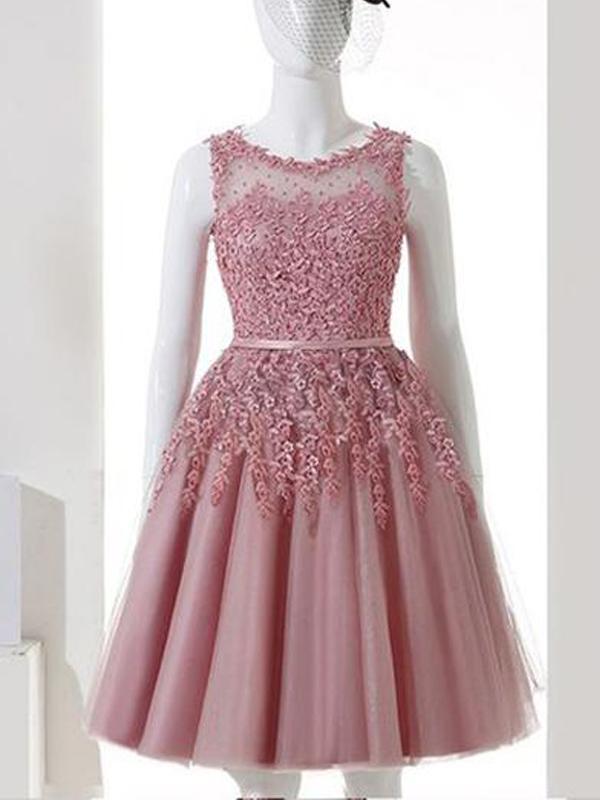 Pink Illusion See Through Lace Beaded Short Cheap Homecoming Dresses Online, BDY0345