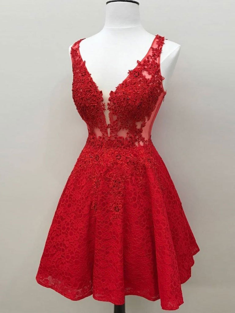 Red See Through Lace Custom Cheap Homecoming Dresses 2018,BDY0228