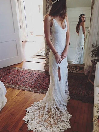 Gorgeous Straps V-neck White Lace Long Side Slit Wedding Dresses, Bridal Dress WDY0168