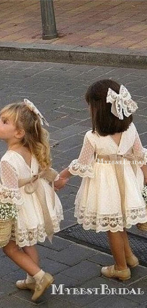 Cute Round Neck Half-Sleeve Lace A-line Long Cheap Flower Girl Dresses, FGS0010