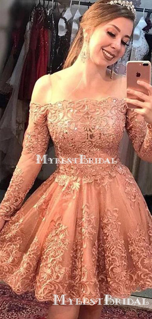 Charming Off-Shoulder Long Sleeves Lace A-line Short Cheap Homecoming Dresses, HDS0012