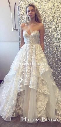 Sweetheart Ivory Lace A-line Long Cheap Wedding Dresses, WDS0028