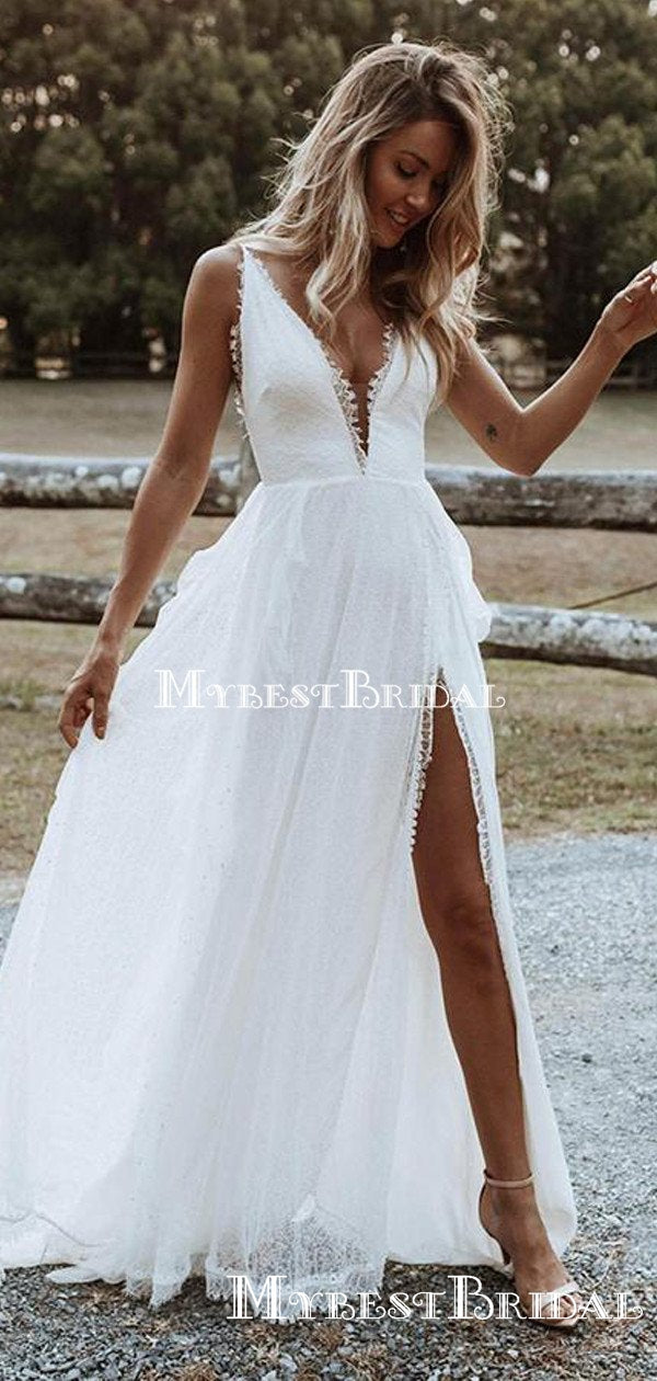 Charming V-neck Lace Side Slit A-line Long Cheap Wedding Dresses, WDS0 mybestbridal Charming V-neck Lace Side Slit A-line Long Cheap Wedding Dresses, WDS0 mybestbridal