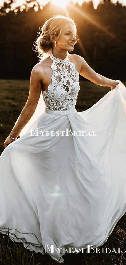 Halter Charming Off-White Chiffon Long Cheap Wedding Dresses, WDS0035