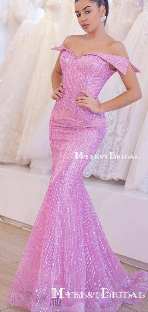 Off-The-Shoulder Pink Sequin Sleeveless Sparkly Charming Long Cheap Mermaid Evening Prom Dresses, TYP0126