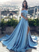 Blue Off Shoulder Prom Dresses, Side Slit Prom Dresses, Cheap A-line Prom Dresses, BG0403