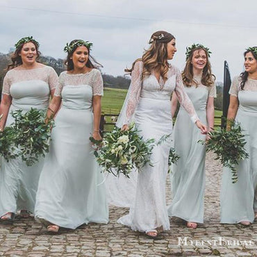 Round Neck Short Sleeve A Line Chiffon Long Bridesmaid Dresses With Lace, TYP0036