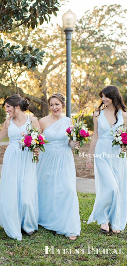 Mismatched Charming Simple Light Blue Chiffon A-line Long Cheap Bridesmaid Dresses, BDS0032