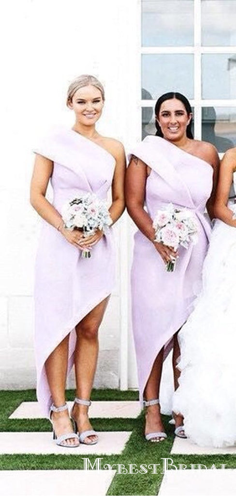 A-line One Shoulder High Low Pleated Lilac Cheap Bridesmaid Dresses, TYP0032
