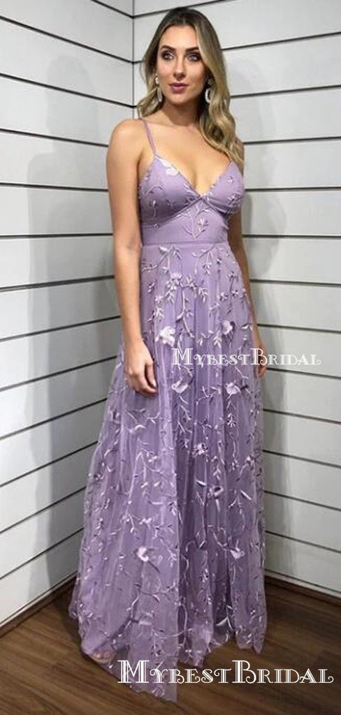 Spaghetti Strap Sleeveless Lilac Lace A-line Long Cheap  Charming Formal Evening Prom Dresses, TYP0123