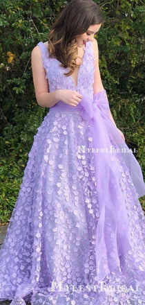 New Arrival A-Line V-neck Sweep Train Lilac Lace Long Cheap Evening Party Prom Dresses with Sash, PDS0052