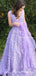 New Arrival A-Line V-neck Sweep Train Lilac Lace Long Cheap Evening Party Prom Dresses with Sash, PDS0052